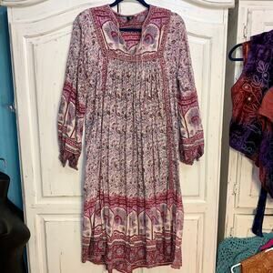 VINTAGE 70's HIPPIE PEACOCKS BLOCK PRINT INDIA GYPSY DRESS